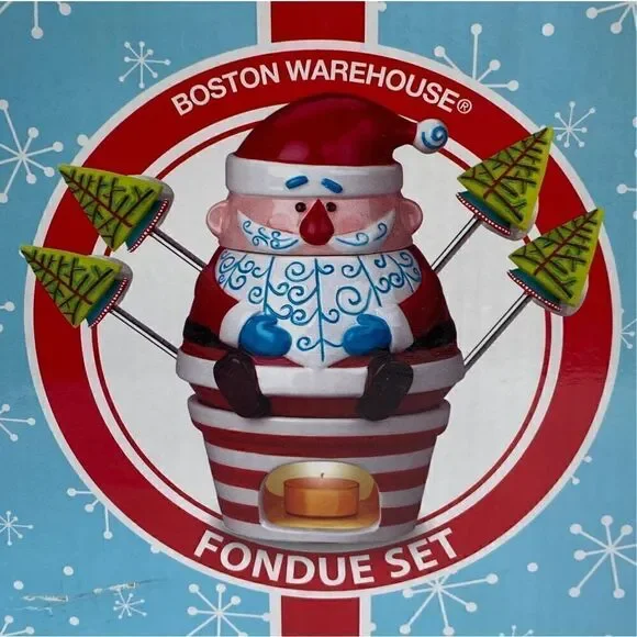 NIB NEW Boston Warehouse 7 PC HO HO HO Ceramic Santa Clause Fondue Set - Picture 3 of 14